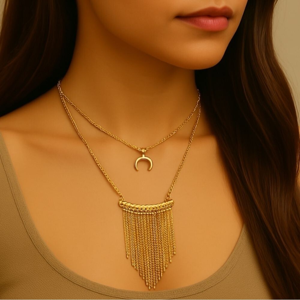 Antique Gold Layered Fringe Necklace – Crescent Pendant Boho Statement Jewelry